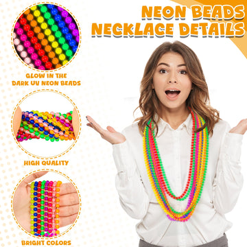 EOBOH 100PCS Mardi Gras Beads, Metallic Colorful Glow in The Dark Bead Necklaces, 33 Light up Neon Necklace for Costume Party Fa