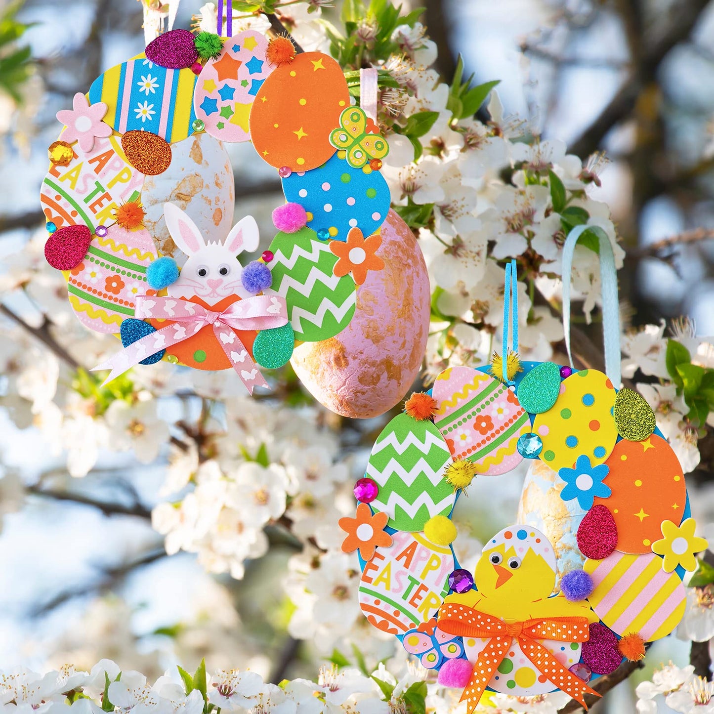 12 Sets Easter Wreath Signs Decorations DIY Foam Easter Craft Kits Easter Eggs Bunny Chick Foam Stickers Pom-Poms Googly Eyes fo