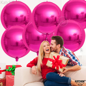 Katchon, Big Hot Pink Balloons - 22 Inch, Pack Of 6 | Round 4D Mylar Hot Pink Foil Balloons | Galentines Balloons For Galentines Day Decorations | Hot Pink Metallic Balloons For Pink Party Decorations