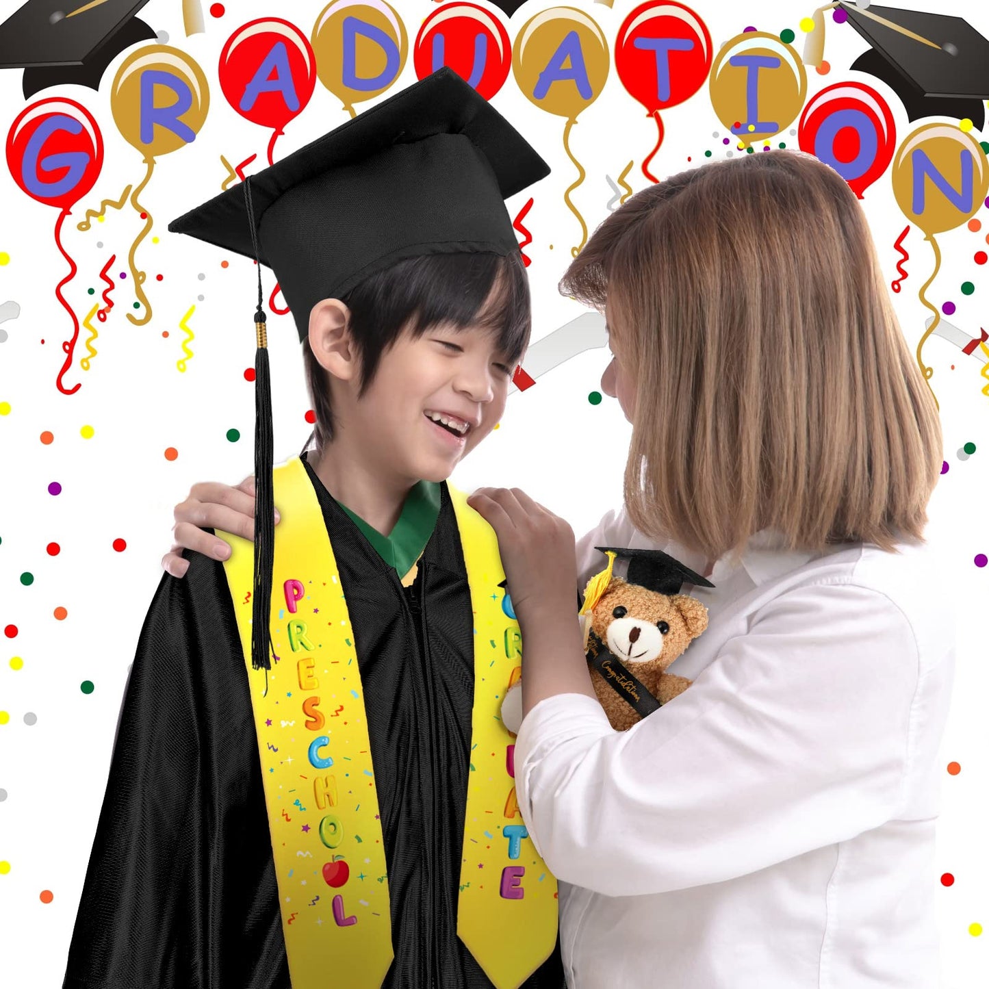 Unittype 4 Pcs Preschool Graduation Gown Cap with Tassel Graduation Stole Stuff Plush Bear Set for Kids Graduation Gifts (Black)