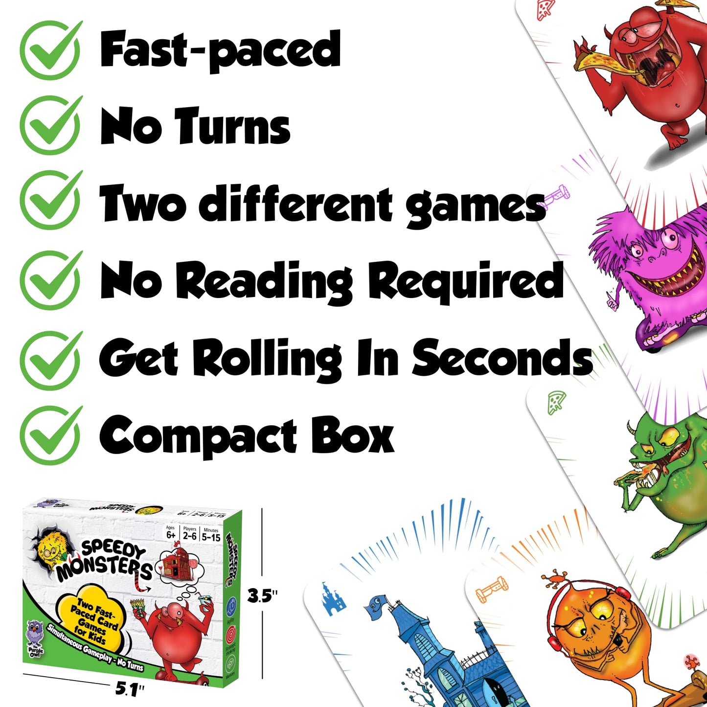 Speedy Monsters Kids Card Games Ages 6-8  2 Fun  Fast-paced Card Games for Kids. Easy to Learn. No Reading Required. Simultaneously Gameplay -No Turns. For Family Night & Camping. 2-6 Players
