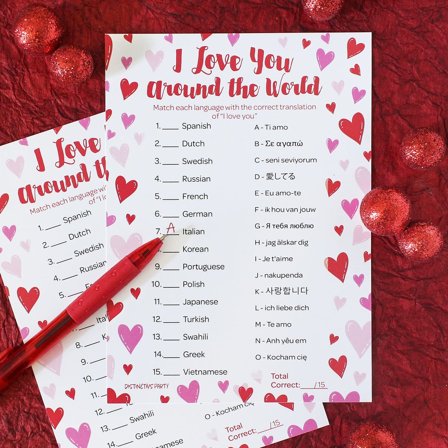 DISTINCTIVS Valentine’s Day Game - 25 Player Cards, Educational Language Matching, Red & Pink, Model GAM-HOL-V06-b