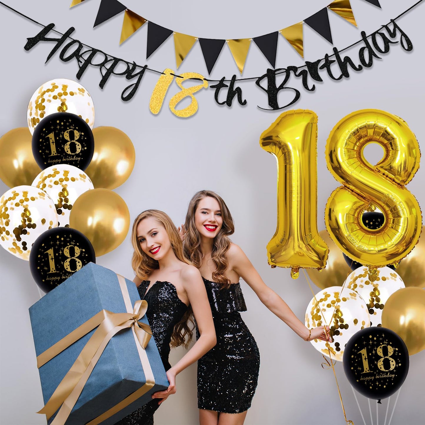 Jobkoo 18Th Birthday Decorations, Black Gold 18Th Birthday Party Decoration For Boys Girls Golden Black 18Th Birthday Balloons C