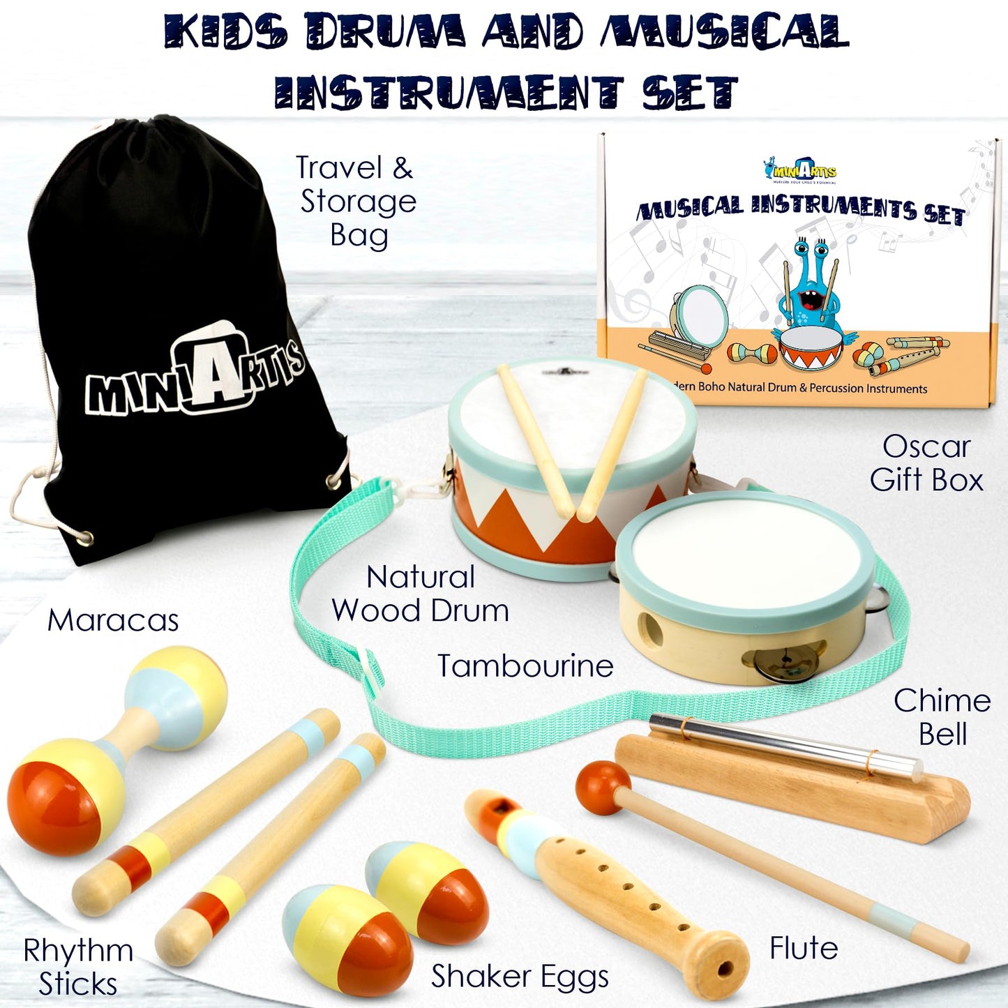 Miniartis Toddler Musical Instruments - Montessori Musical Toys For Toddlers 1-3 | Modern Boho Baby Drum Set With Neutral Colors