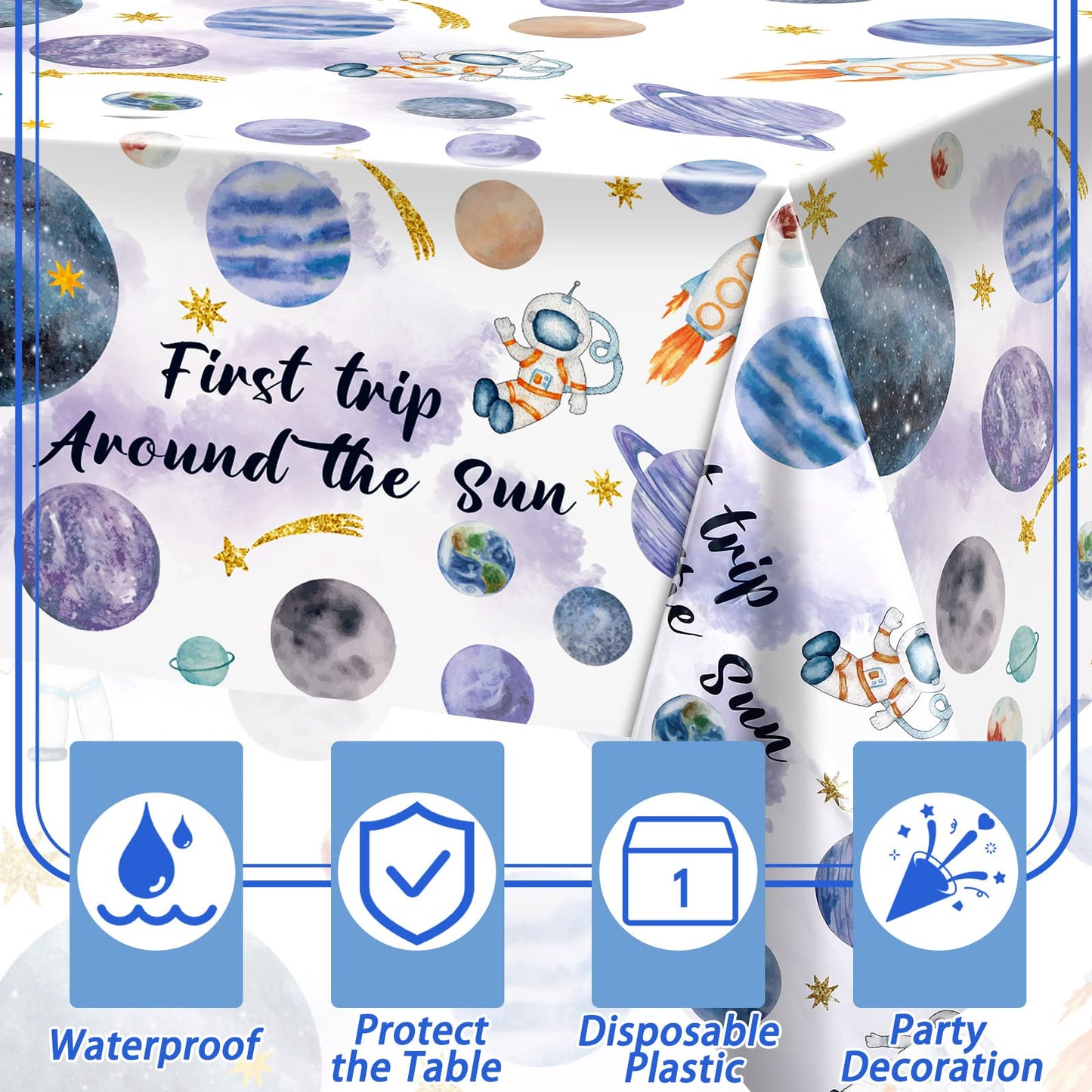 Preboun 4 Pcs First Trip Around The Sun 42.5 x 70.8 Inch Space Party Tablecloth First Trip Around The Sun Birthday Decoration Sp