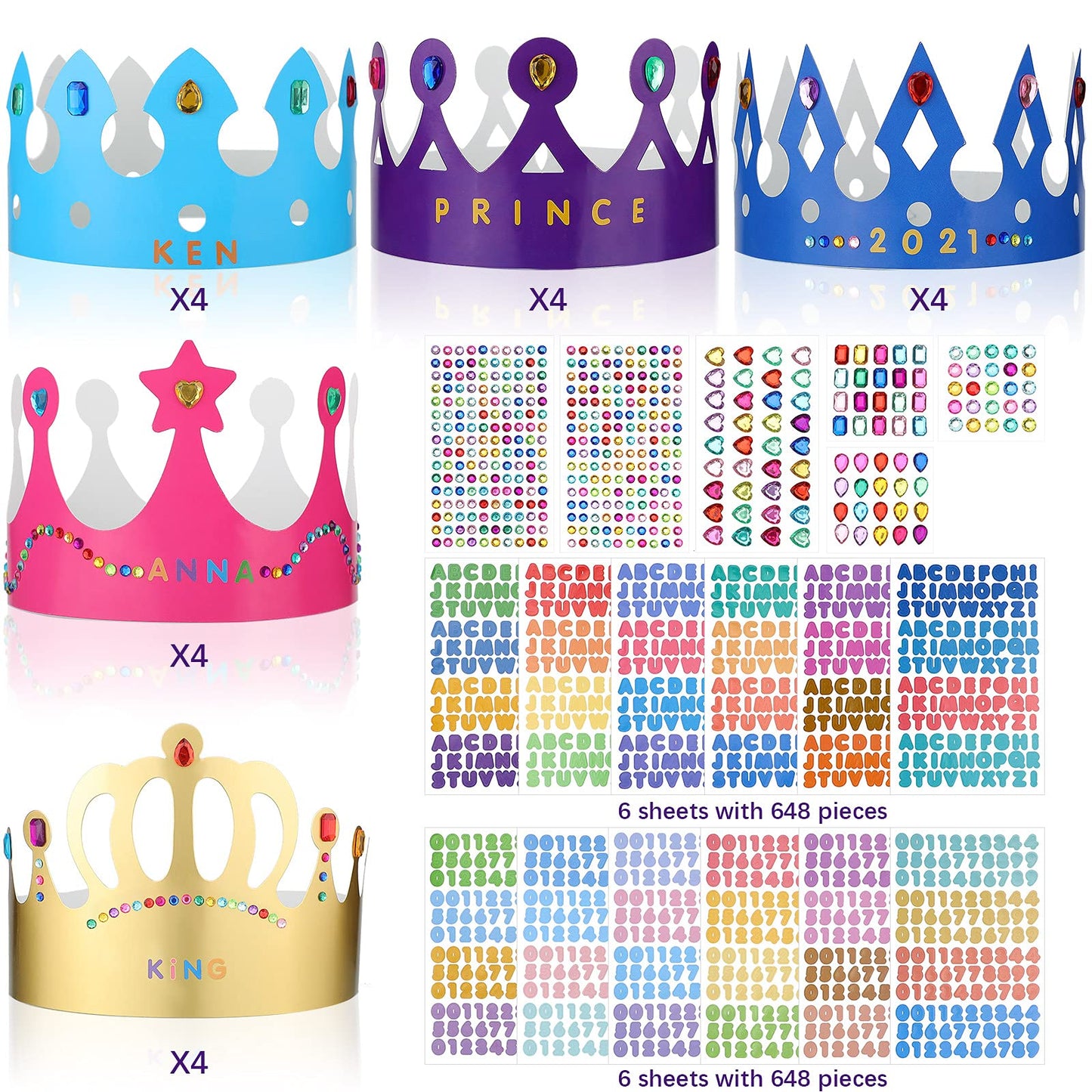 Chinco 38 Pieces Paper Crowns Princess Prince Hats Birthday Party Crowns Craft Jewels Gem Number Letter Sticker For Diy Classroom Decor