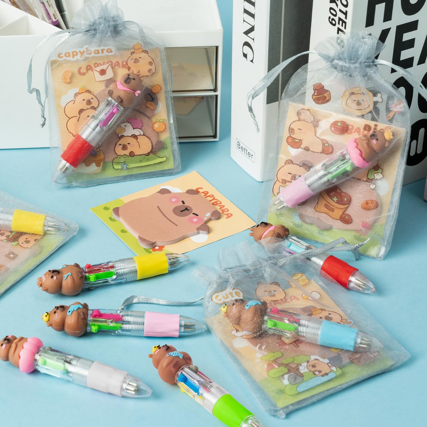 CY2SIDE Capybara Stationery Party Gift - 12 Pack Fun Animal Prizes Set Include 4-in-1 Ballpoint Pens Sticky Note Sticker and Org