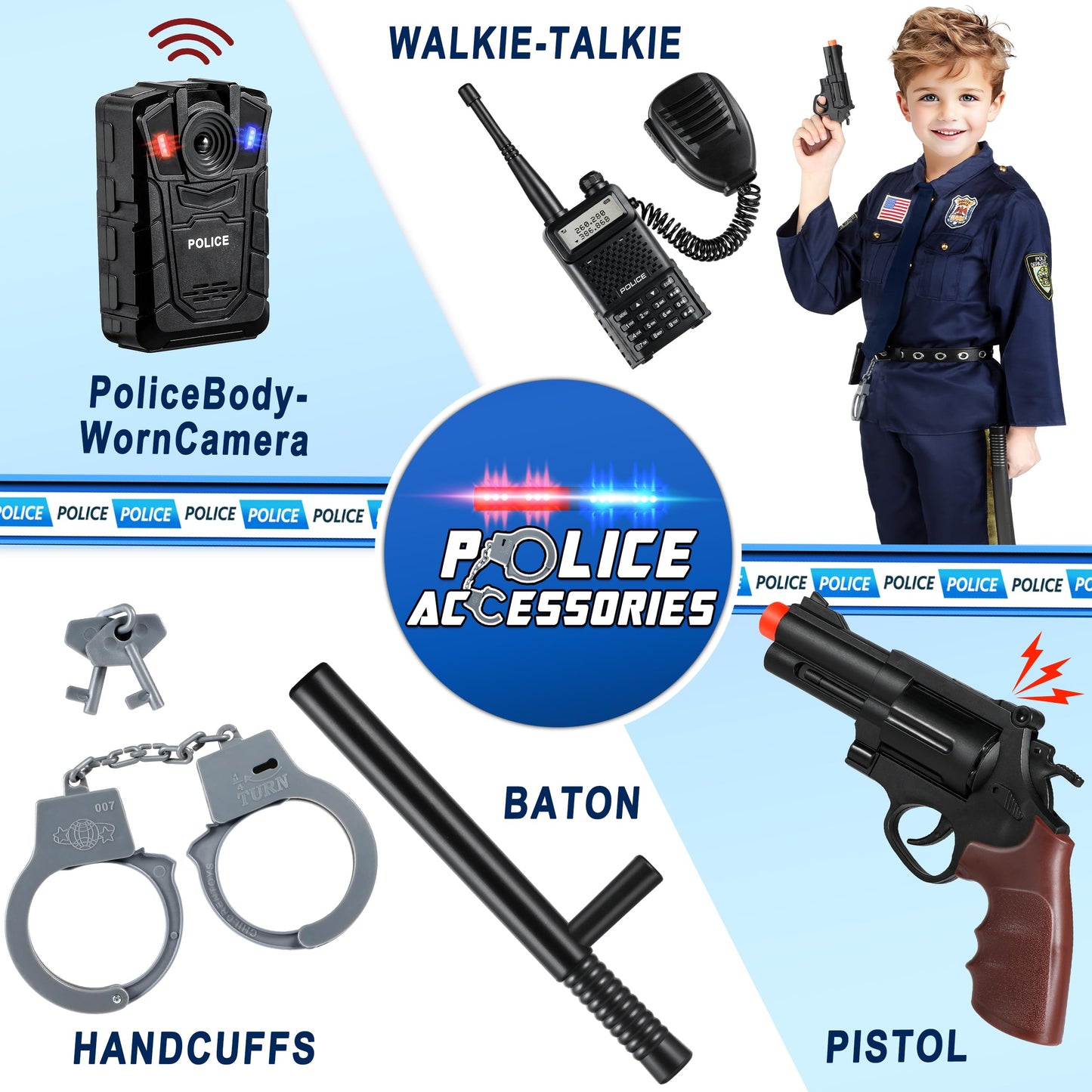 Joycover Police Officer Costume for Kids - Deluxe 13pcs Role Play Kit, L(8-10Y), Polyester, Boys & Girls Halloween Costume