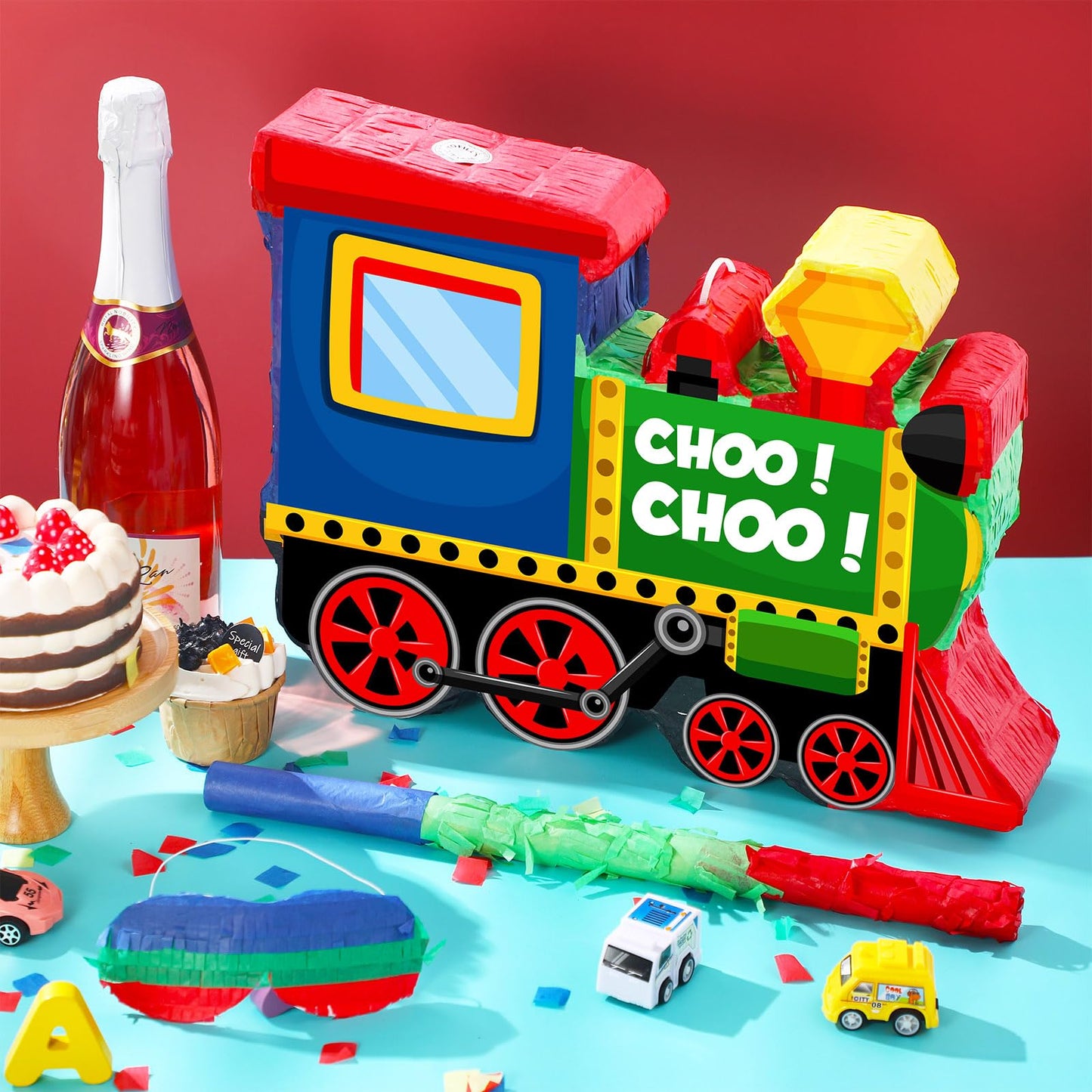 Shappy 3D Train Piñata Red Motorcycle Piñata Small Race Car Birthday Decor With Blindfold Stick Confetti Railroad Bike Car Party Decorations For Racing Theme Birthday Favors Supplies(Train)