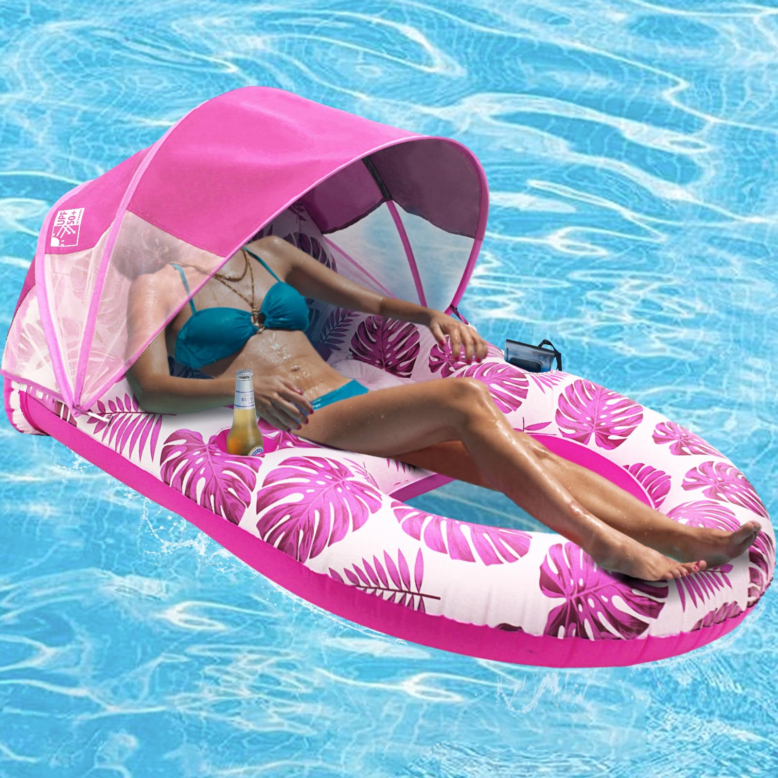 Coolcooldee Pool Lounge Float With Canopy Upf50+,Extra Large Pool Floats For Adults Heavy Duty,Inflatable Lounger Float With Cup Holder & Backrest,Footrest(Pink)