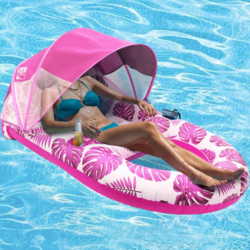 Coolcooldee Pool Lounge Float With Canopy Upf50+,Extra Large Pool Floats For Adults Heavy Duty,Inflatable Lounger Float With Cup Holder & Backrest,Footrest(Pink)