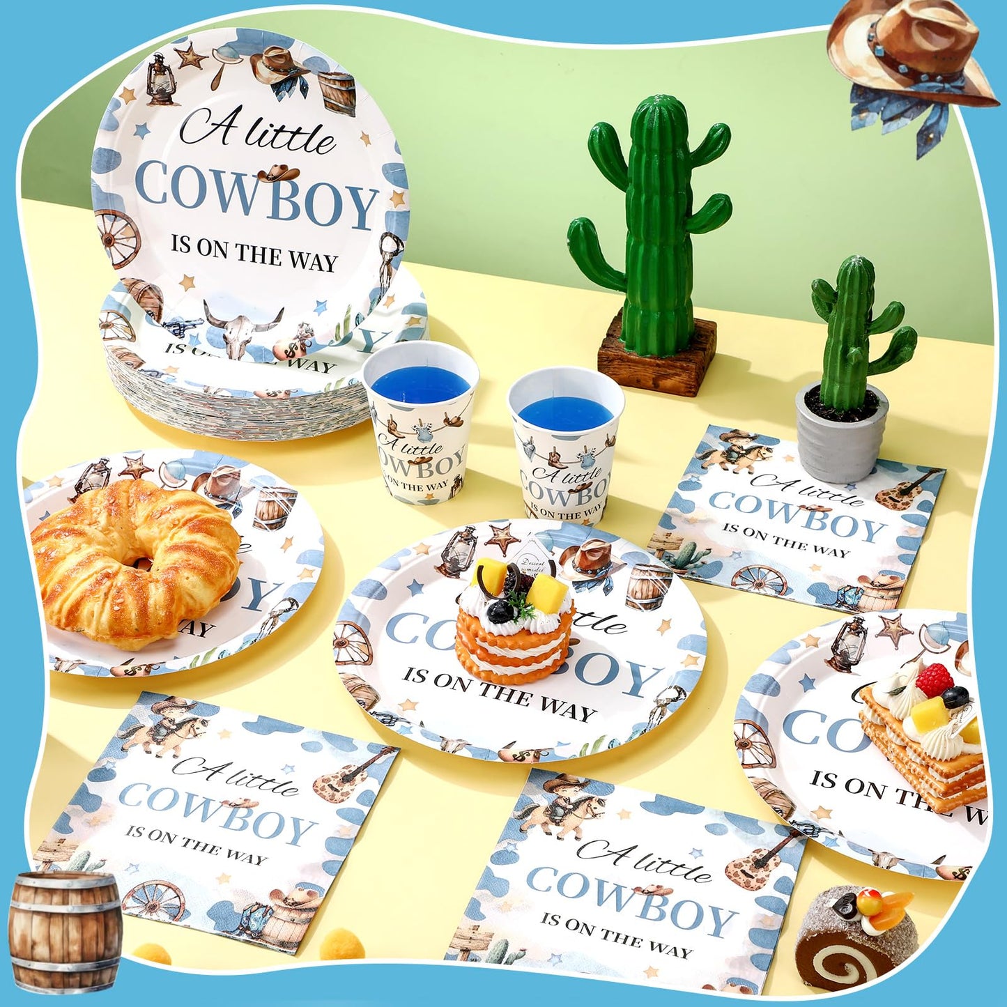 Hushee 200 Pcs a Little Cowboy Is on the Way Baby Shower Paper Plates Napkins Cups Cowboy Baby Shower Party Supplies Tableware S