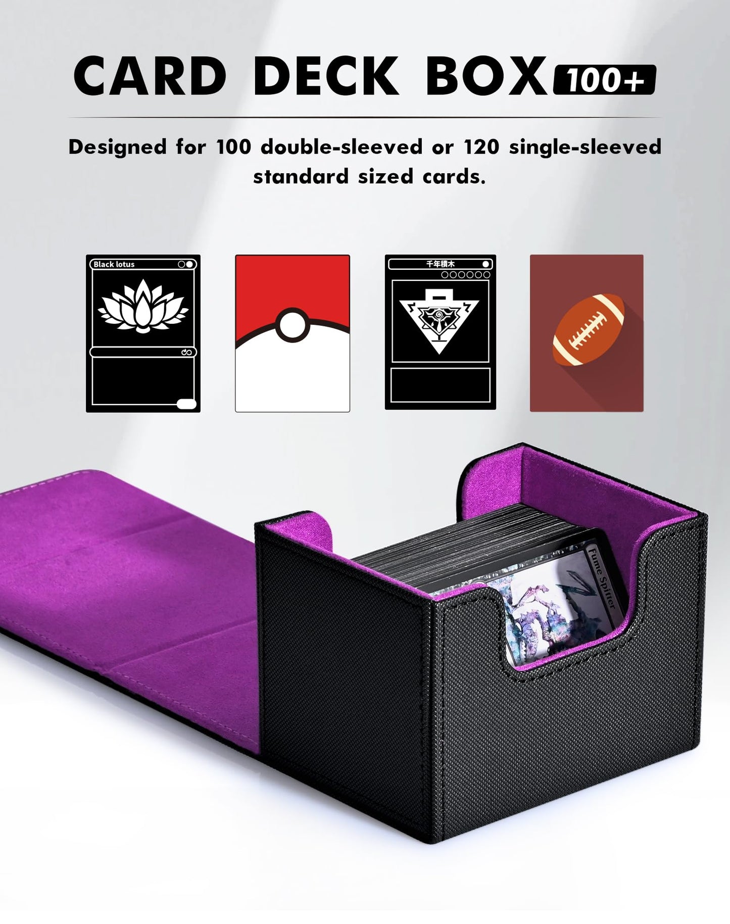 Zlca Card Deck Box For Trading Cards, Mtg Commander Deck Box Holds 120+ Single Sleeved Cards, Leather Magnetic Card Storage Box Fits For Tcg Ccg Magic Cards (Black& Purple)