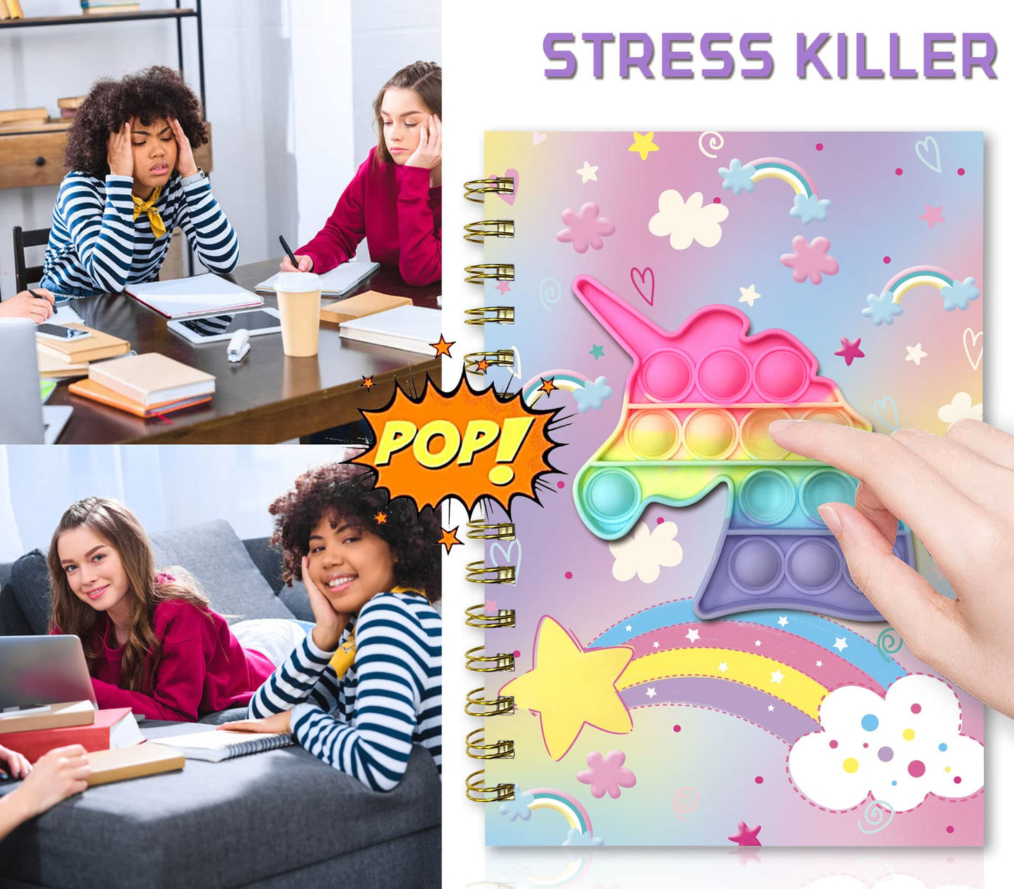 Pop Notebook For Kids, Fidget Girls Diary Journal 8.5X5.3 Inches 160 Lined Pages With 6 Multicolor Pen Spiral Journal For Teenag