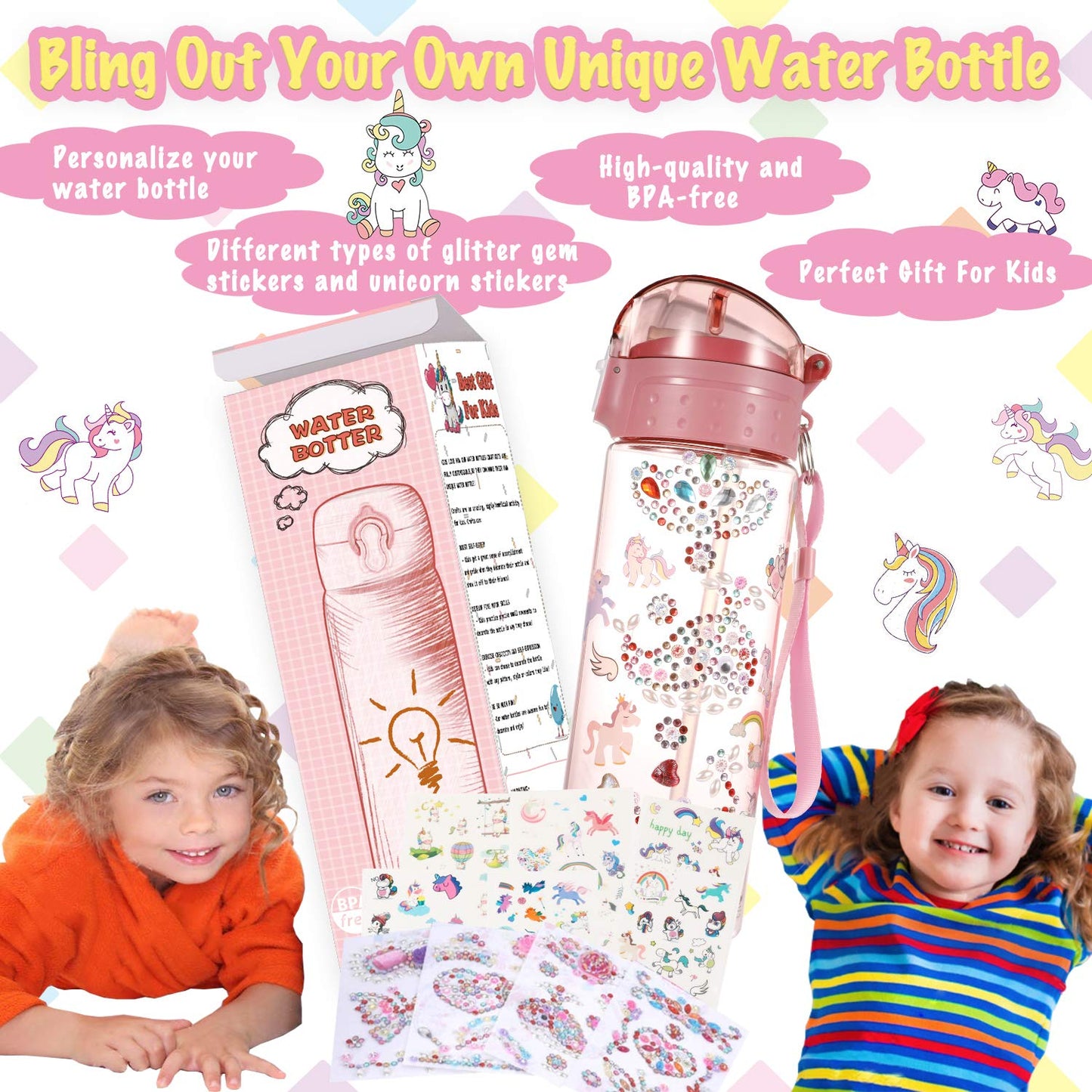 Y YOFUN Decorate Your Own Water Bottle with Tons of Glitter Gem & Unicorn Stickers, BPA Free Tritan Material, 20 oz, Kids Craft