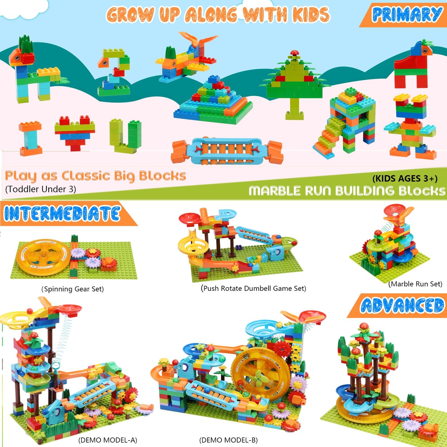 COUOMOXA Marble Run Building Blocks - Montessori STEM Toys for Kids 4-8, Classic Color, Ideal Christmas & Birthday Gifts