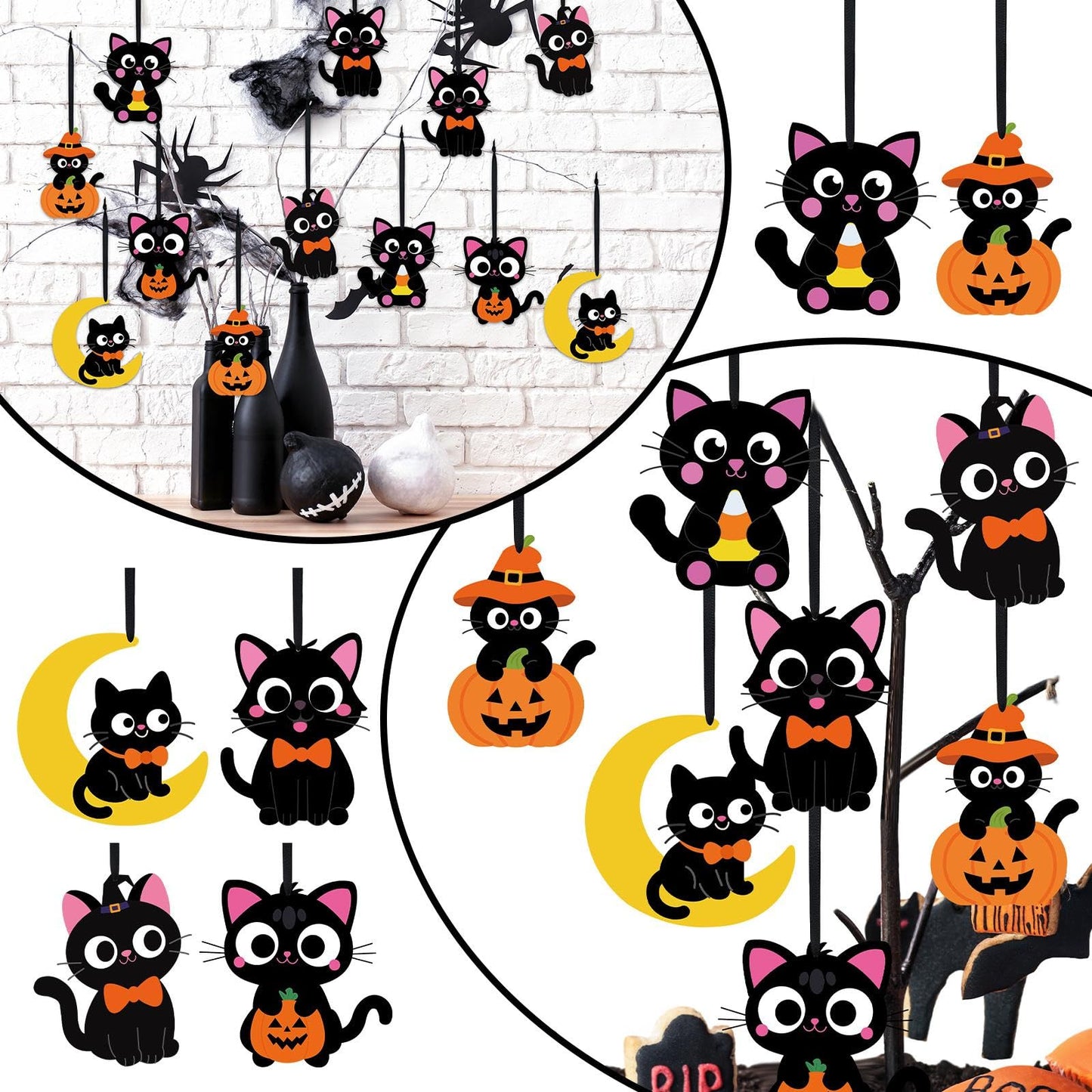 Yexiya 24 Sets Halloween Craft Kits Black Cat Crafts DIY Hanging Ornaments with Sticker and Ribbon Pumpkin Moon Corn Paper Hangi