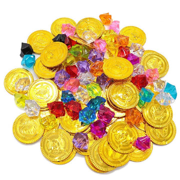 100Pcs Plastic Pirate Gold Coins Colored Gems Pirate Treasure Hunt Playset Toys For Kids Party Theme Props Decoration Party Favor Plastic Gold Coins Gems For Games Resources/Point Tokens, Goodie Bag