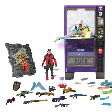 Fortnite Vending Machine  Features 4 Inch X-Lord Action Figure  Includes 9   4 Back Bling  and 4 Building Material Pieces
