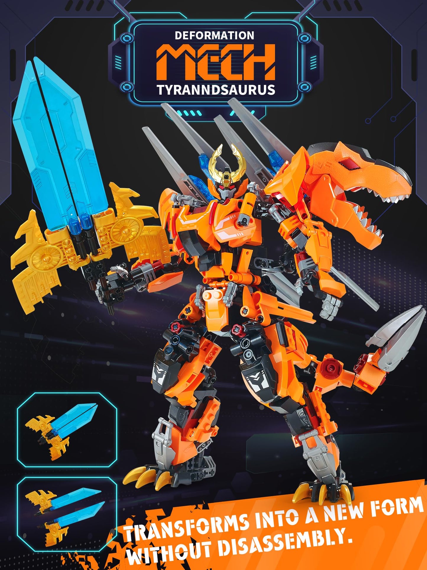 TIALLOW 2 in 1 Transforming Dinosaur Building Toy Set, Large Mecha Armor T-rex Model, Orange, F5-A0007, For Ages 8-14
