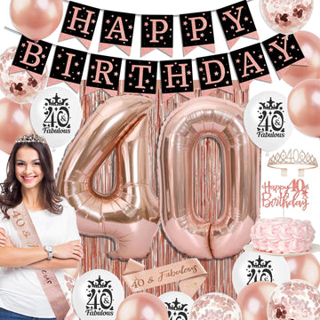 40Th Birthday Decorations For Women,Rose Gold Happy 40Th Birthday Party Decorations Woman Birthday Balloons 40 And Fabulous Sash