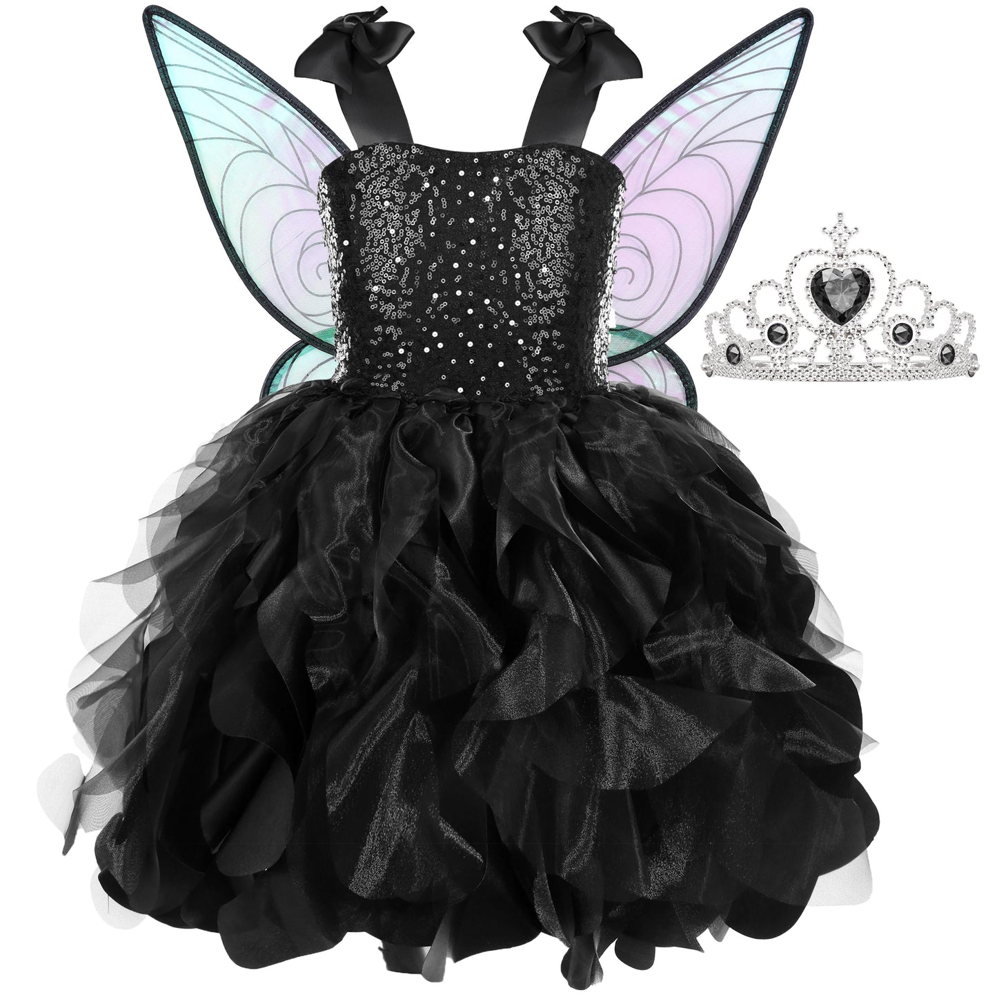 Soyoekbt Fairy Costume For Girls Princess Tutu Dress With Butterfly Wings For Girls Birthday Party Dress Up (Black, 9-10 Years)