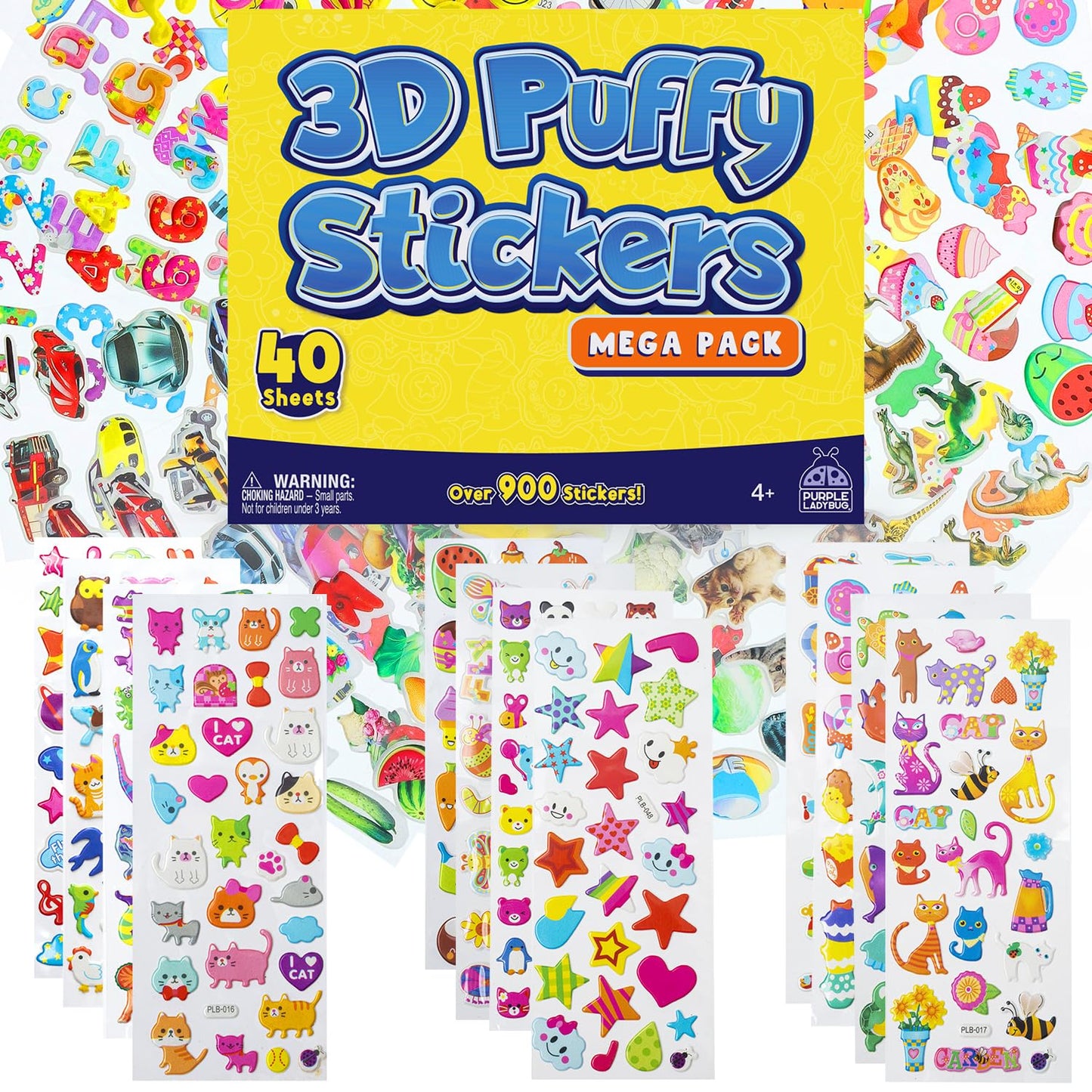 Purple Ladybug 3D Puffy Stickers For Kids - 40 Sheets, 950+ Foam Stickers For Toddler Girls & Boys - Fish, Animals, Alphabet, Cars, Dinosaurs & More
