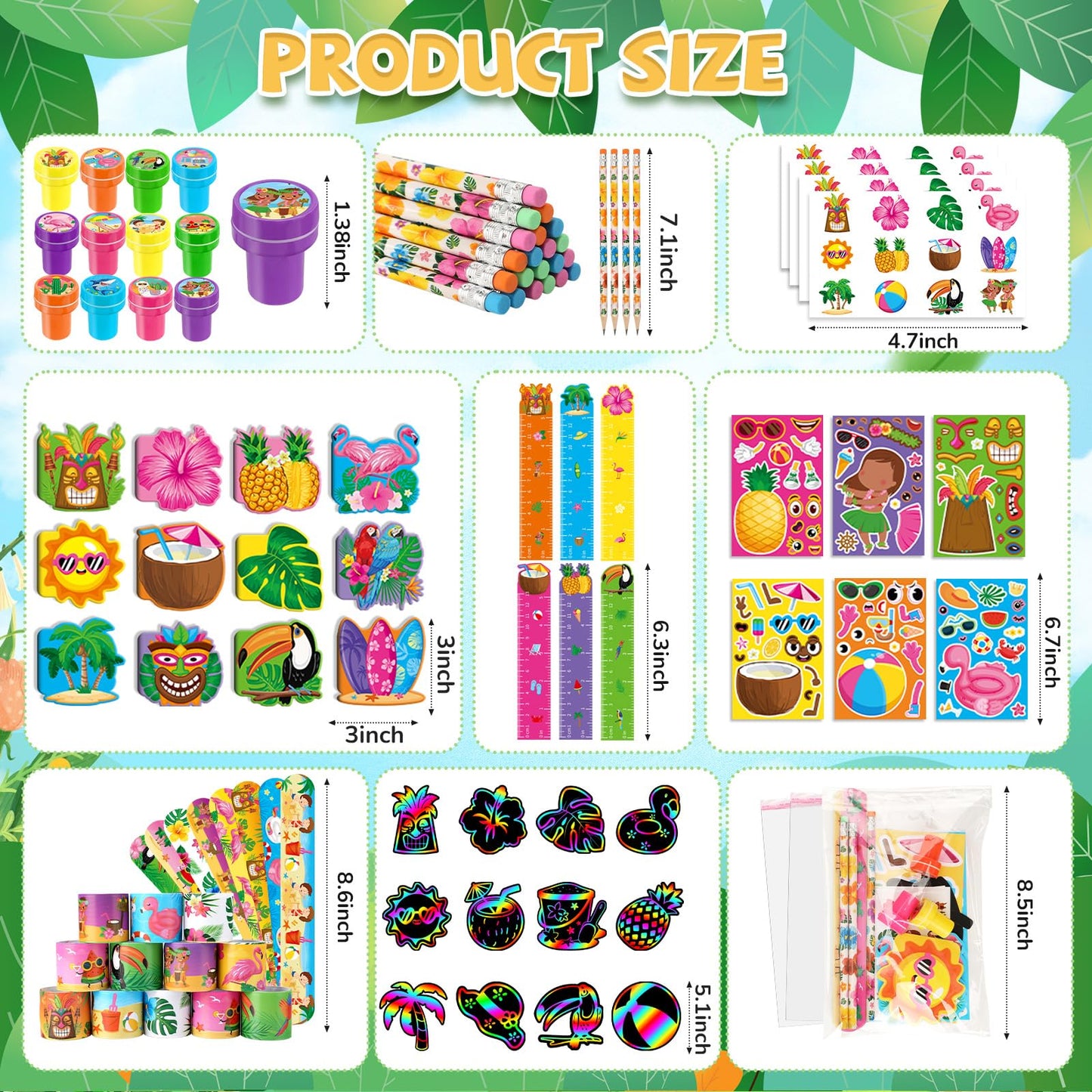 BenLouis Hawaiian Luau Party Favors Set - 108 Pcs Tropical Tiki Theme Goodie Bag Stuffers for Kids Birthday Pool School Classroom