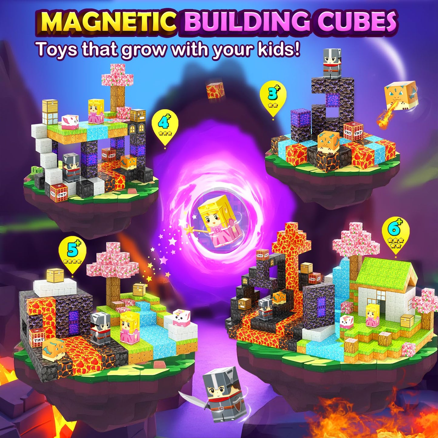 Playtigo Magnetic Blocks- 100Pcs Mine Magnet World Block Cubes Toys For Kids Ages 4-8 Magnetic Tiles Kids Sensory Birthday Gifts