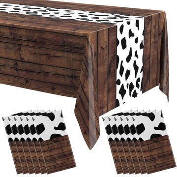 Remagr 12 Pcs 54 x 108 Inch Cow Print Table Runner Western Tablecloth for Cowboy Party Decor My First Rodeo Table Cloths Plastic