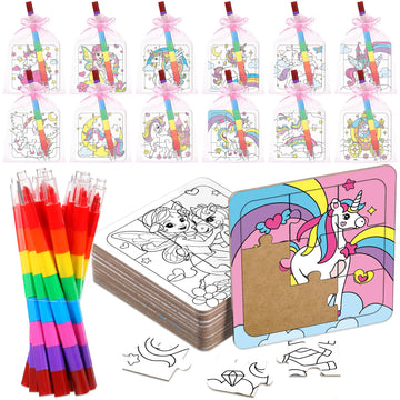 Fullhawl 12 Sets Unicorn Puzzles Rainbow Color Your Own Puzzles DIY Jigsaw Crafts with 12 Stackable Crayons and 12 Bags for Pastel Macarons Theme Gifts Birthday Party Supplies(12  Unicorn)