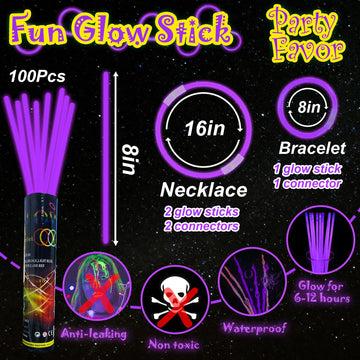 Ilhsty 100 Pcs 8'' Purple Glow Sticks Glow Necklaces In The Dark Party Favor Supplies Bright Glowsticks Bulk With Accessories Fo