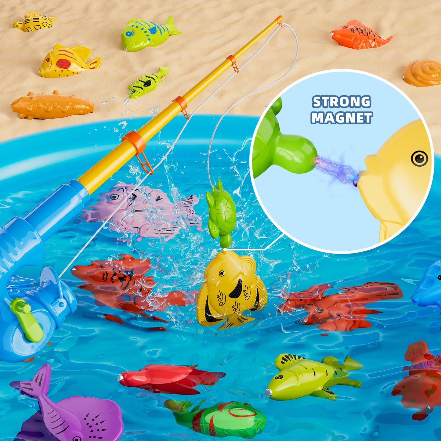 Magnetic Fishing Pool Toys Game For Kids Toddlers 3-5 4-8, Water Table Bathtub Toy With Inflatable Pool Pole Rod Net Plastic Flo