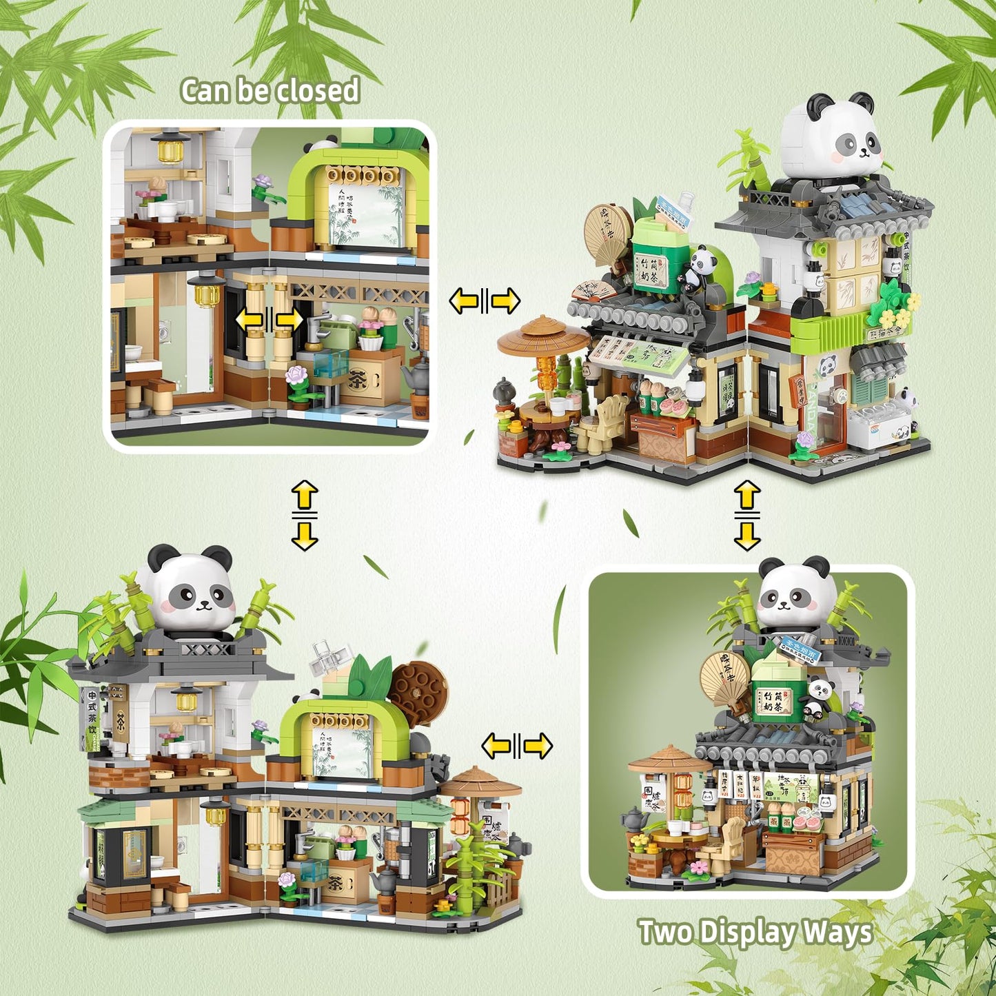 Street View Tea Shop Mini Building Blocks, Moc Creative Building Toys Cute Panda Animals Building Set For Girls 6-12, Simulation