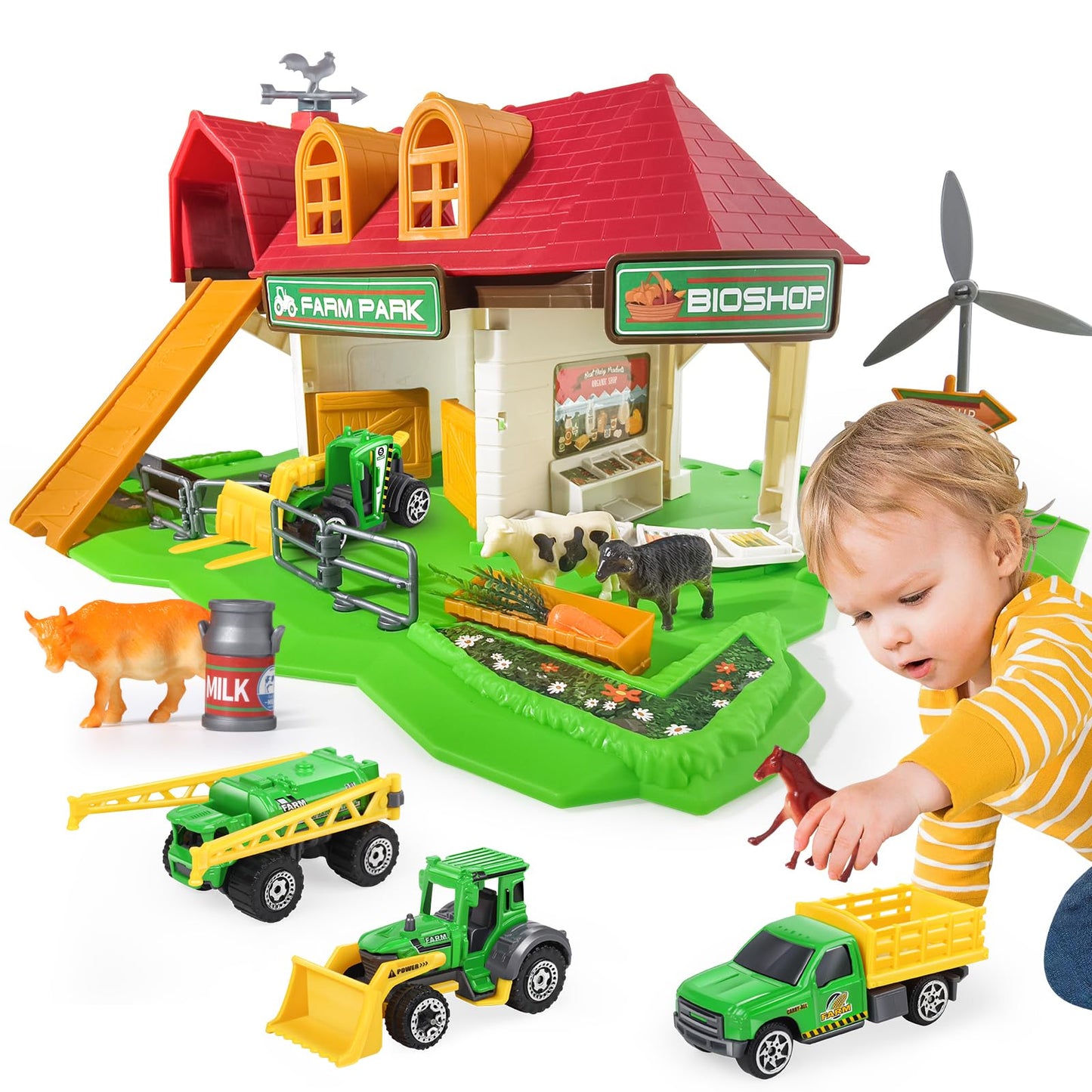 Oriate Toy Barn House with Tractor & Animal Farm, 1 64 Diecast Tractors Toys for Kids 3-5 4-6, Big Red Farm Barn Toys Playset fo