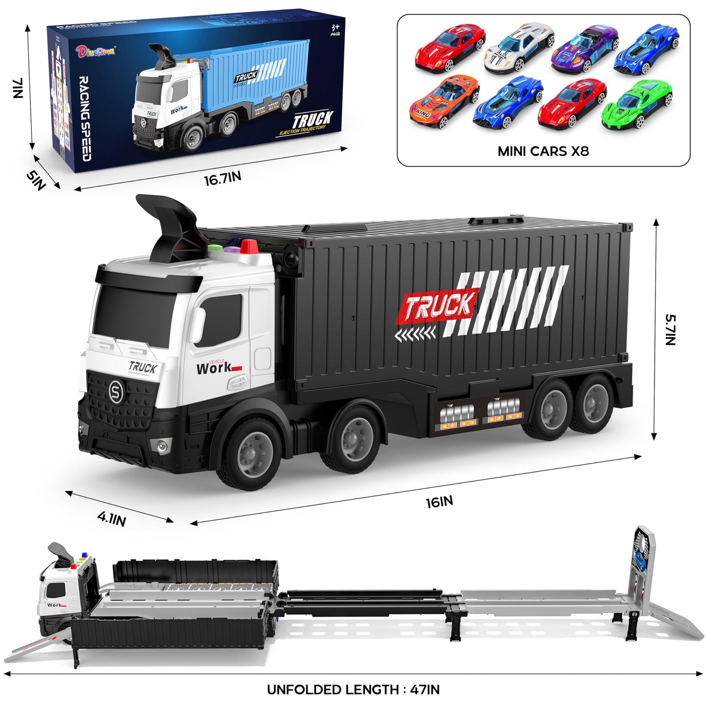 Carrier Truck Race Track Boys Toys, Foldable 3 Layer Car Race Track Playset, Toy Truck Transport Car Carrier & 8 Race Cars, Truc