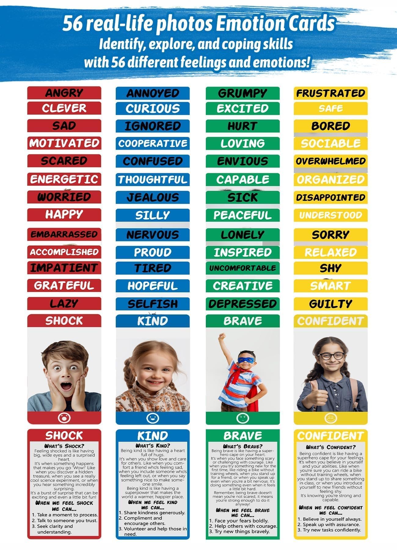 Garybank Social Emotional Learning Therapy Games for Kids, 56 Emotion Cards, Coping Skills Activities, Vivid Color, Model Emk01