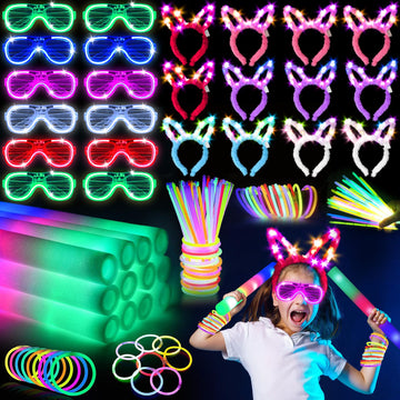 Shqdd136Pcs Glow In The Dark Party Supplies,Halloween Party Supplies, 12Pcs Foam Glow Sticks, 12Pcs Led Glasses, 12Pcs Bunny Ear