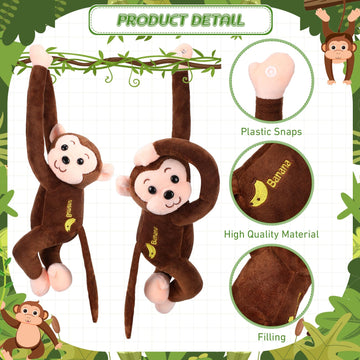 4-Pack 17.8' Hanging Stuffed Monkeys With Hook & Loop Fasteners - Plush Toy Gifts For Teens & Adults, Plush Stuffed Animal Toys Soft Monkey Doll Decoration (Brown)