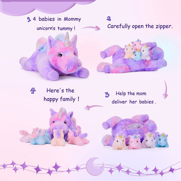 Ikasa Mommy Unicorn Toys For Girls Age 4-6,Mom And Baby Stuffed Animal Plush Toy,Small Family Set Toy With Little Babies,Gifts For Kid (Unicorn,18')