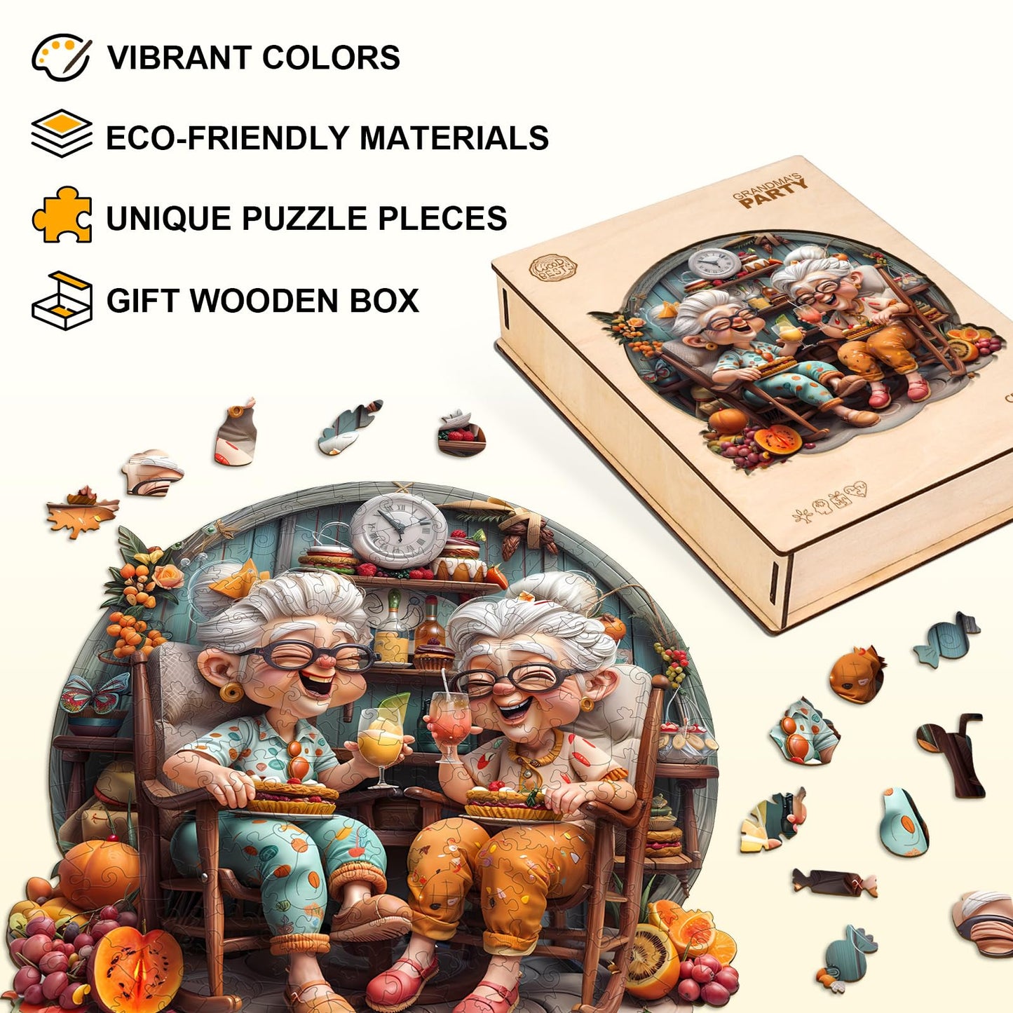 Jigfoxy Wooden Puzzle for mature-themeds  Happy Grandmas Jigsaw Puzzles for mature-themed  Unique Animal Shape Wood Cut Puzzles  Christmas Thanksgiving Gifts for Friends Family (L-13.4 * 13.4in-300pcs)