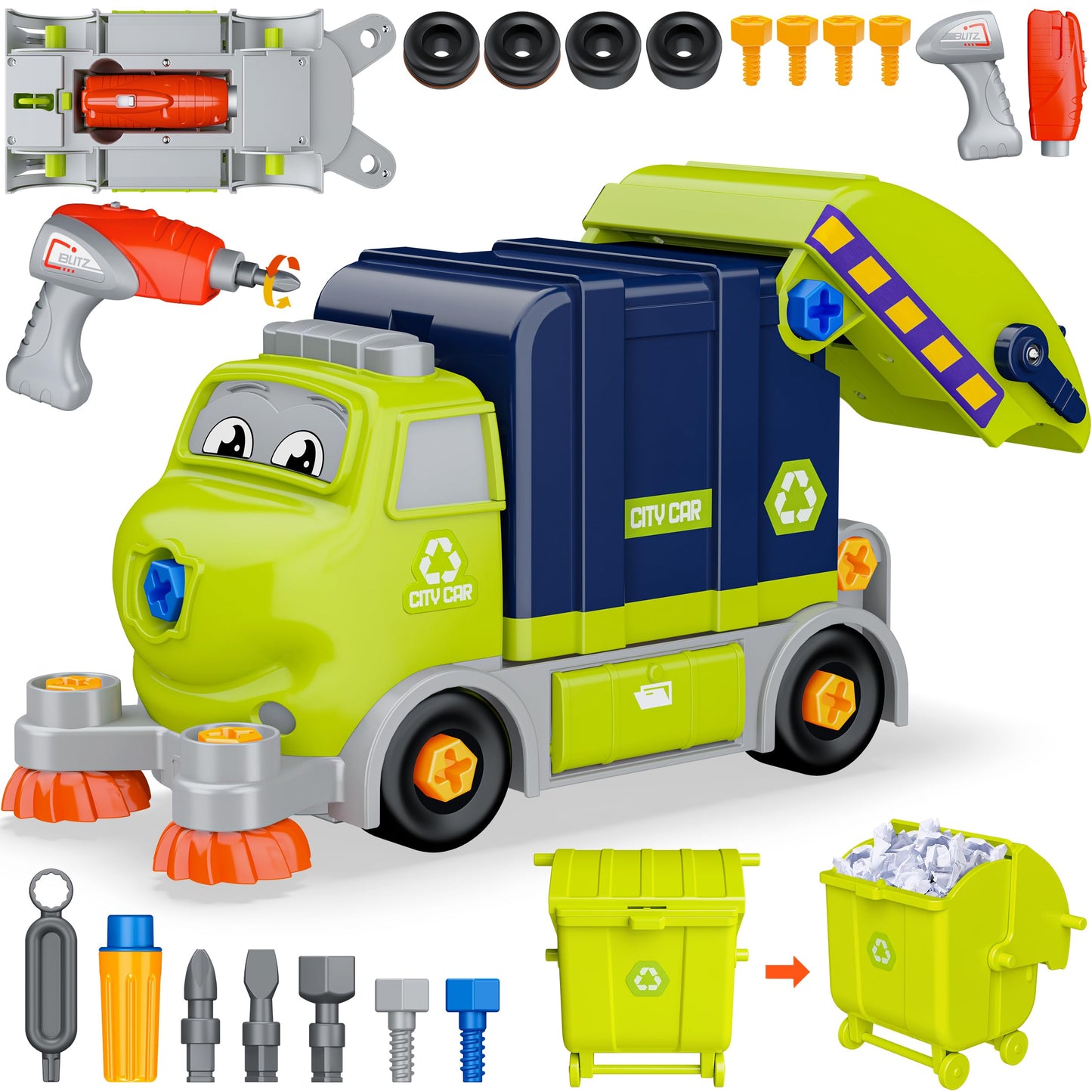 BASUN Take Apart Electric City Clean Truck Toy Set, STEM Plastic Toys for 3-8 Years, Green, DIY with Electric Drill