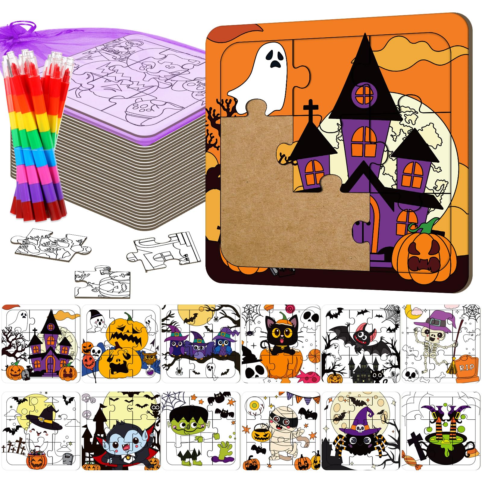 Fullhawl 12 Sets Puzzles Color Your Own Puzzles DIY Jigsaw Crafts with 12 Stackable Crayons and 12 Bags for Learning Education Toys Gifts Prizes Birthday Party Supplies (12  Halloween)