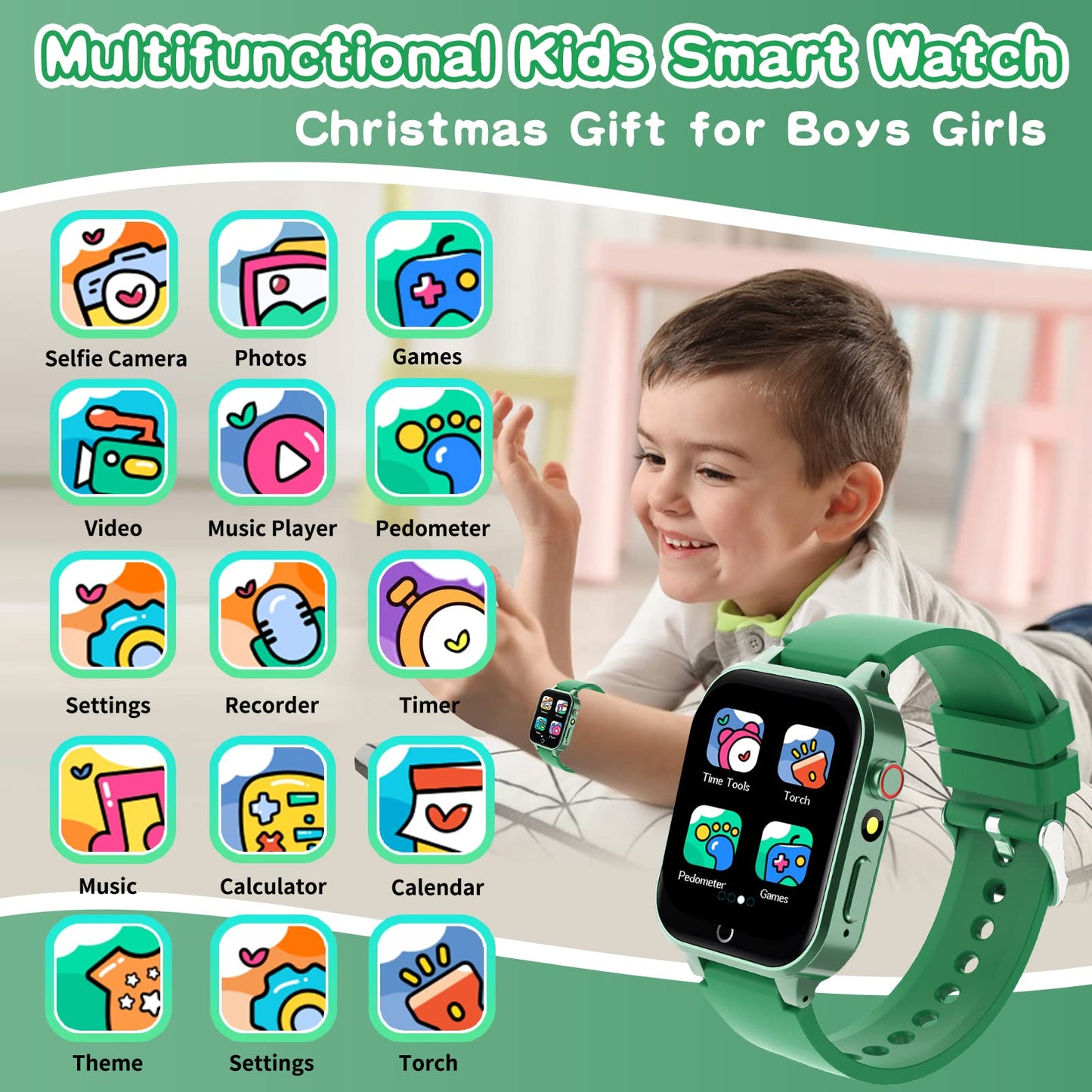 Cosjoype Kids Smart Watch Boys Gift For Age 6-10, 26 Games Touch Screen Hd Video Music Player Learning Cards Audiostory Pedometer Educational Toys Birthday Gifts For Girls Ages 4 5 6 7 8 Green