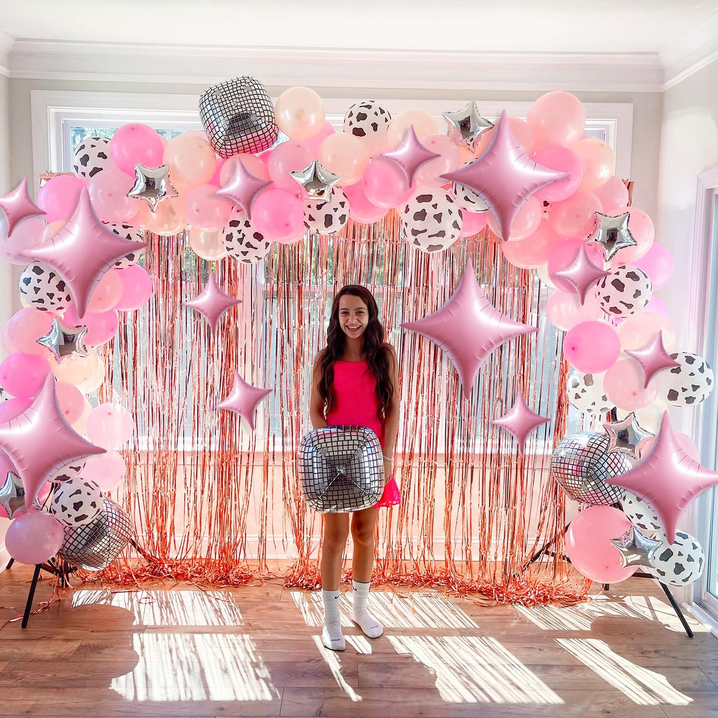 TONIFUL 30Pcs 26In&10In Star Balloons Large Pink Four Pointed Star Shape Foil Balloons Mini Star Mylar Balloons for Birthday Wed