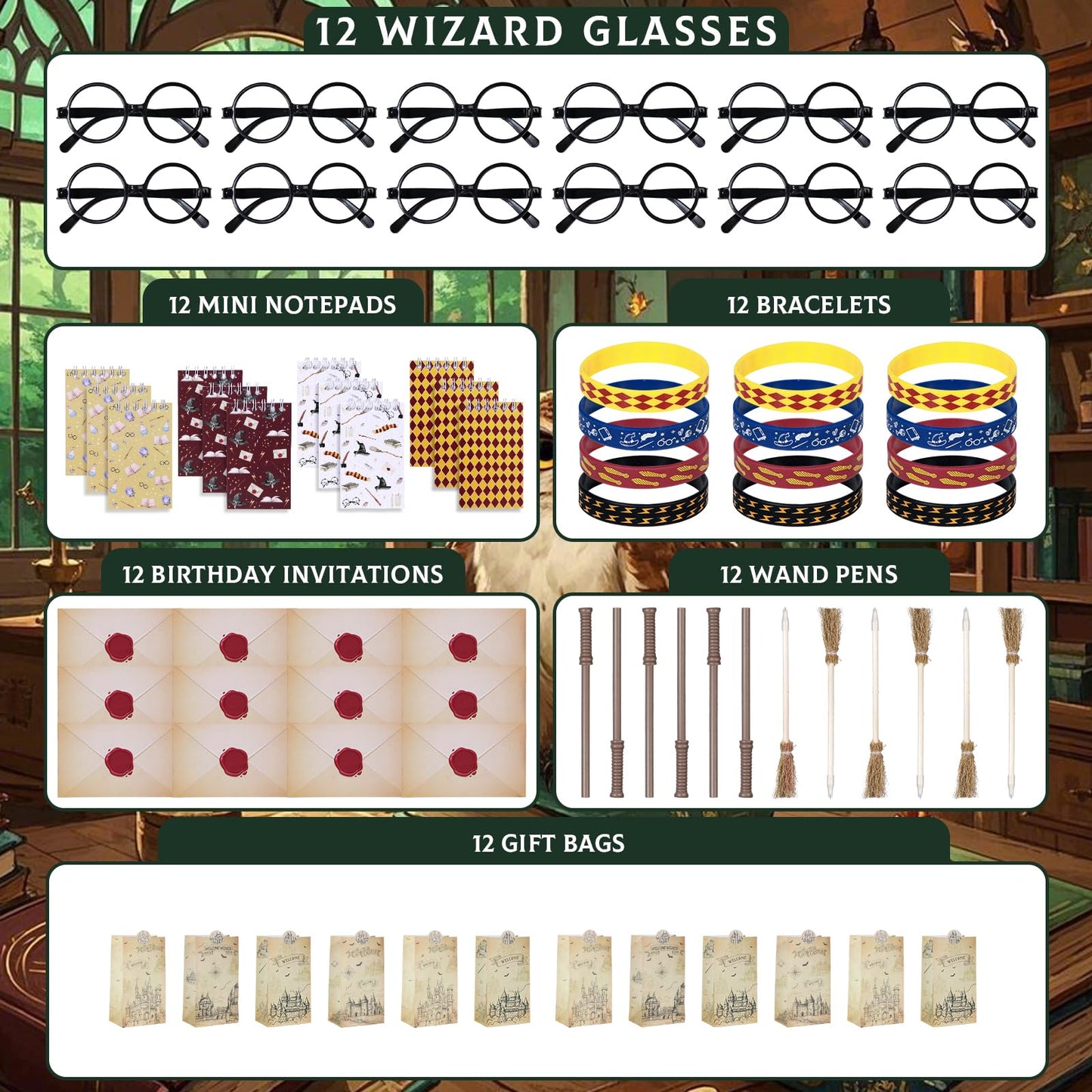 Vanblue 84Pcs Wizard Party Favors Birthday Decorations,Wand Pencils,Wizard Glasses Spiral Notebooks Goodie Bag Stuffers,Classroo