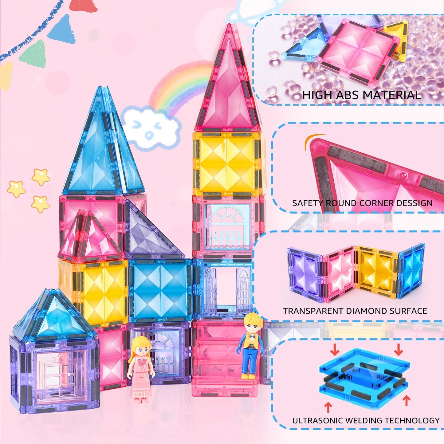 Princess Magnetic Tile Castle 3D Building Block Set - Sensory Stem Educational Building Toddler Kids Toys - Pink Magnetic Buildi