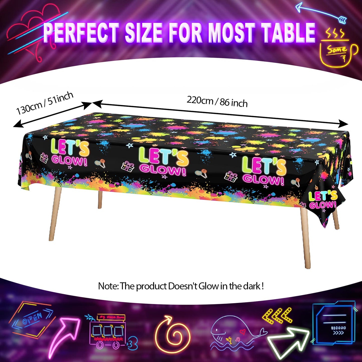 3 Pcs Glow Party Table Covers Neon Party Tablecloths Glow In The Dark Party Tablecloths Decorations Neon Party Table Cover Supplies For Glow Party Favors, Neon Birthday Party And Black Light Party