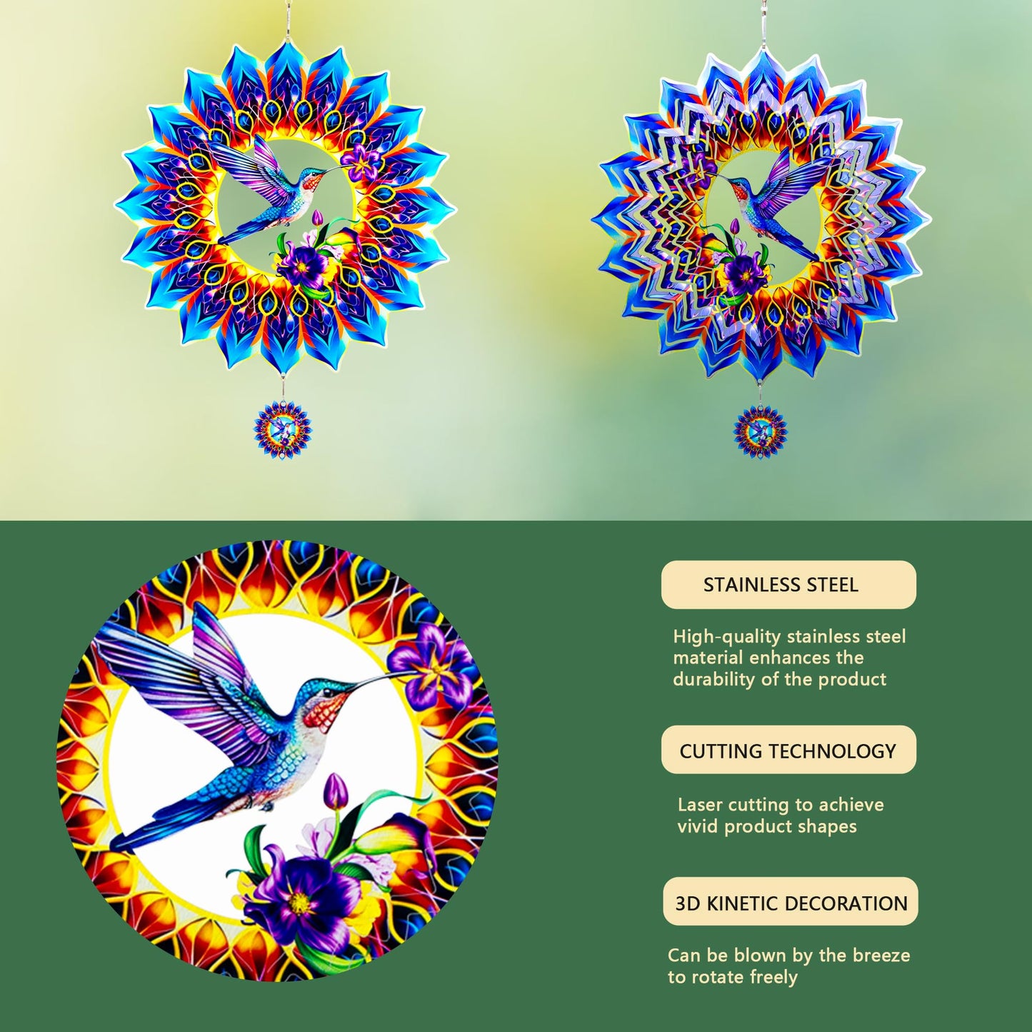 Hummingbird Wind Spinner,Hanging Wind Spinners Outdoor For Garden Decoration,12 Inch 3D Stainless Steel Wind Sculpture For Indoo