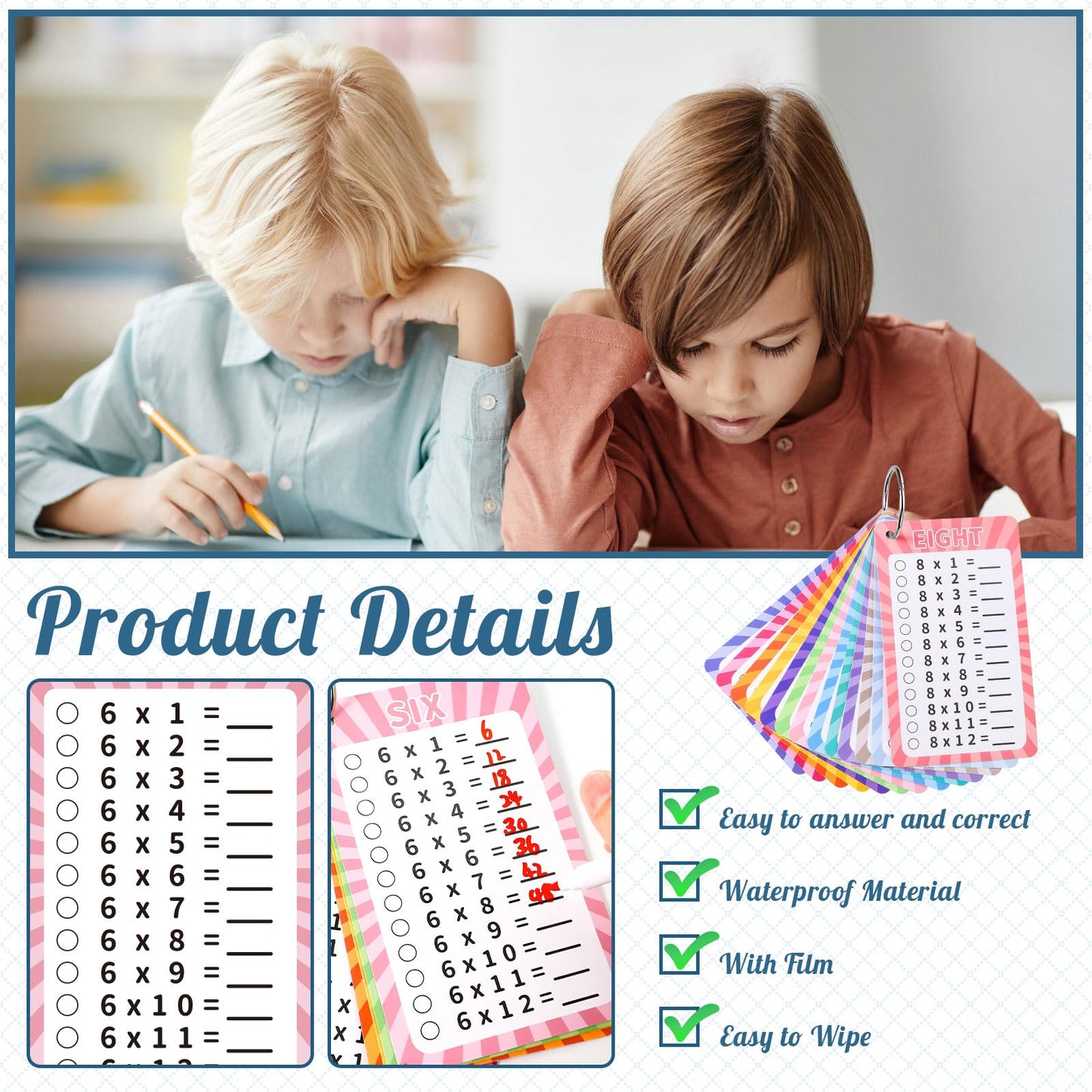 13 Pcs Multiplication Flashcards 0-12, Times Table Flash Cards With 2 Dry Erase Markers 2 Rings Multiplication Chart Math Flashc